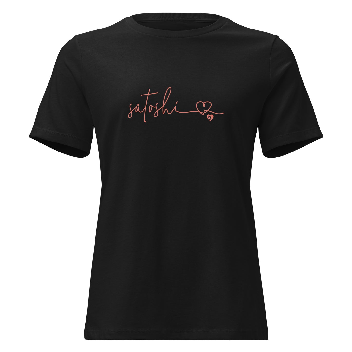 Black t-shirt with 'satoshi' and a heart design on a white background
