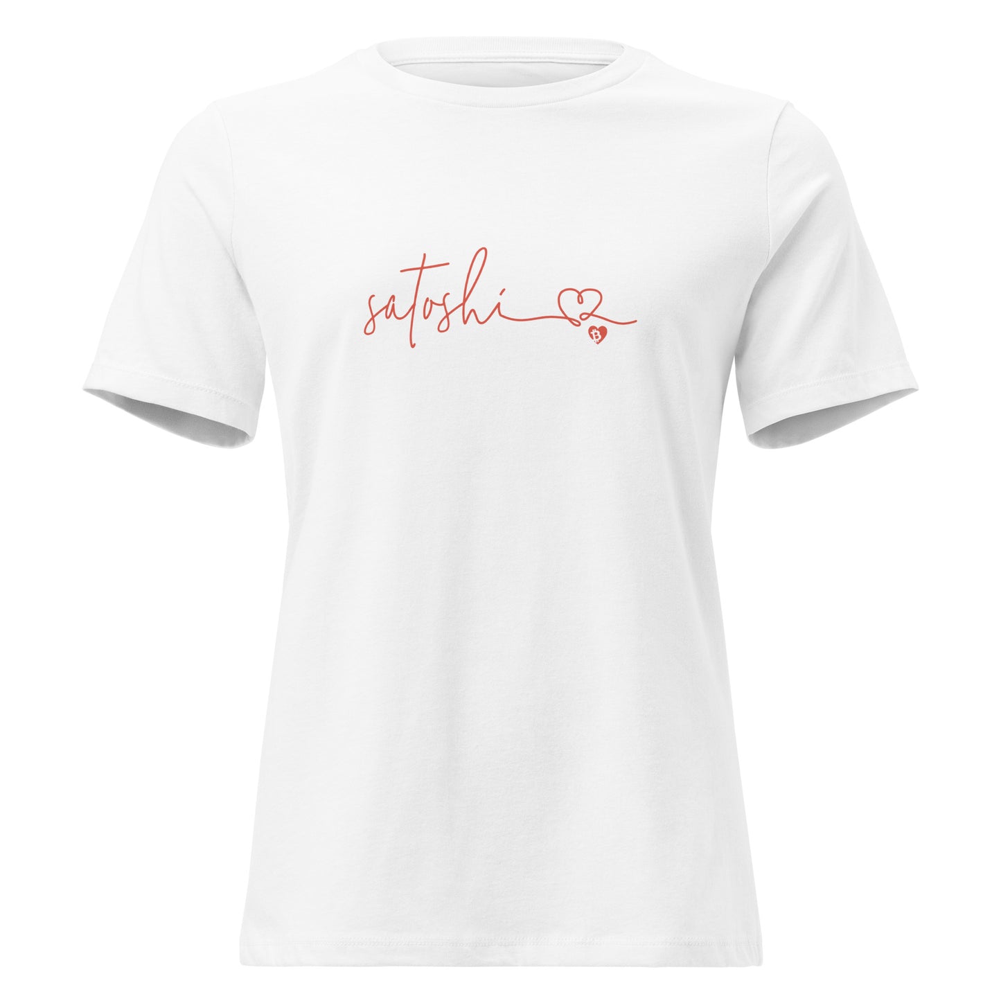 White t-shirt with 'satoshi' and a heart design on a white background