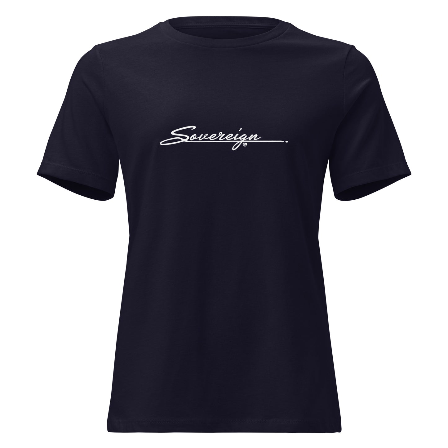 Black t-shirt with 'Sovereign' logo on a white background