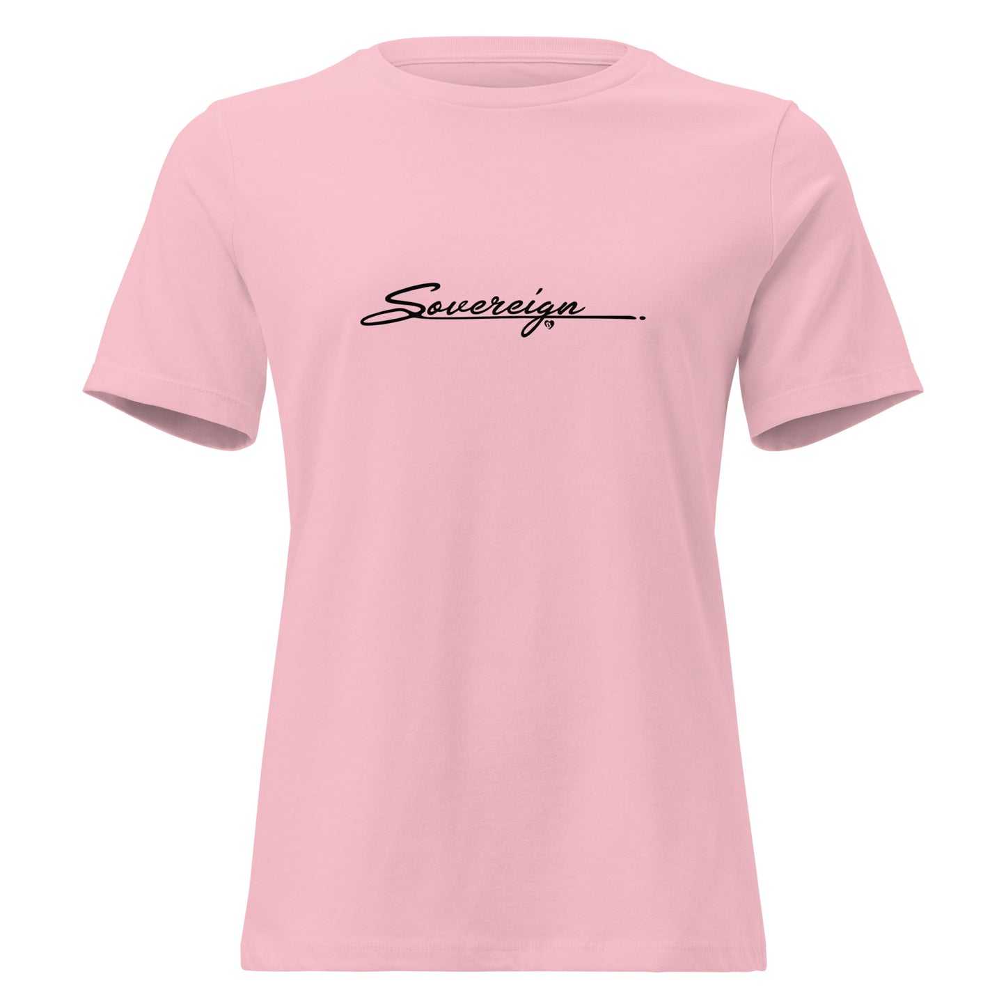Pink t-shirt with 'Sovereign' text on a white background