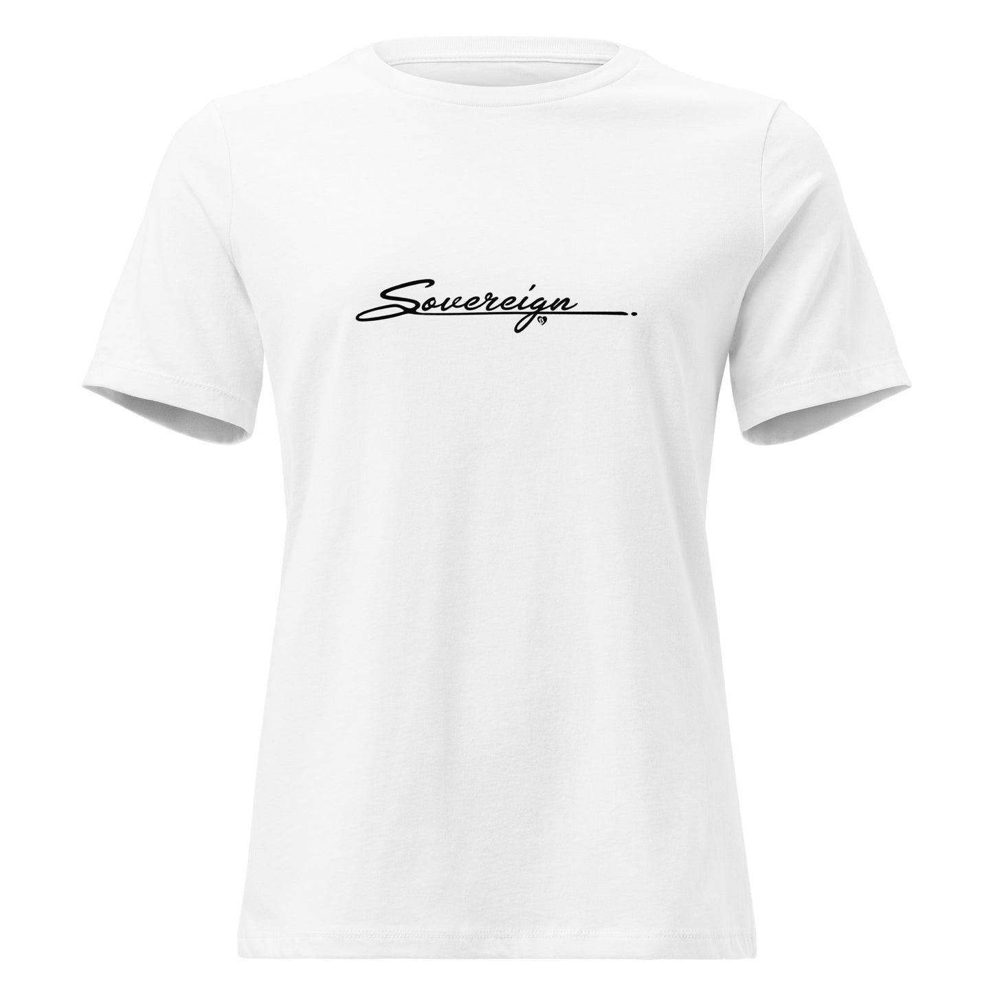 White t-shirt with 'Sovereign' text on a white background