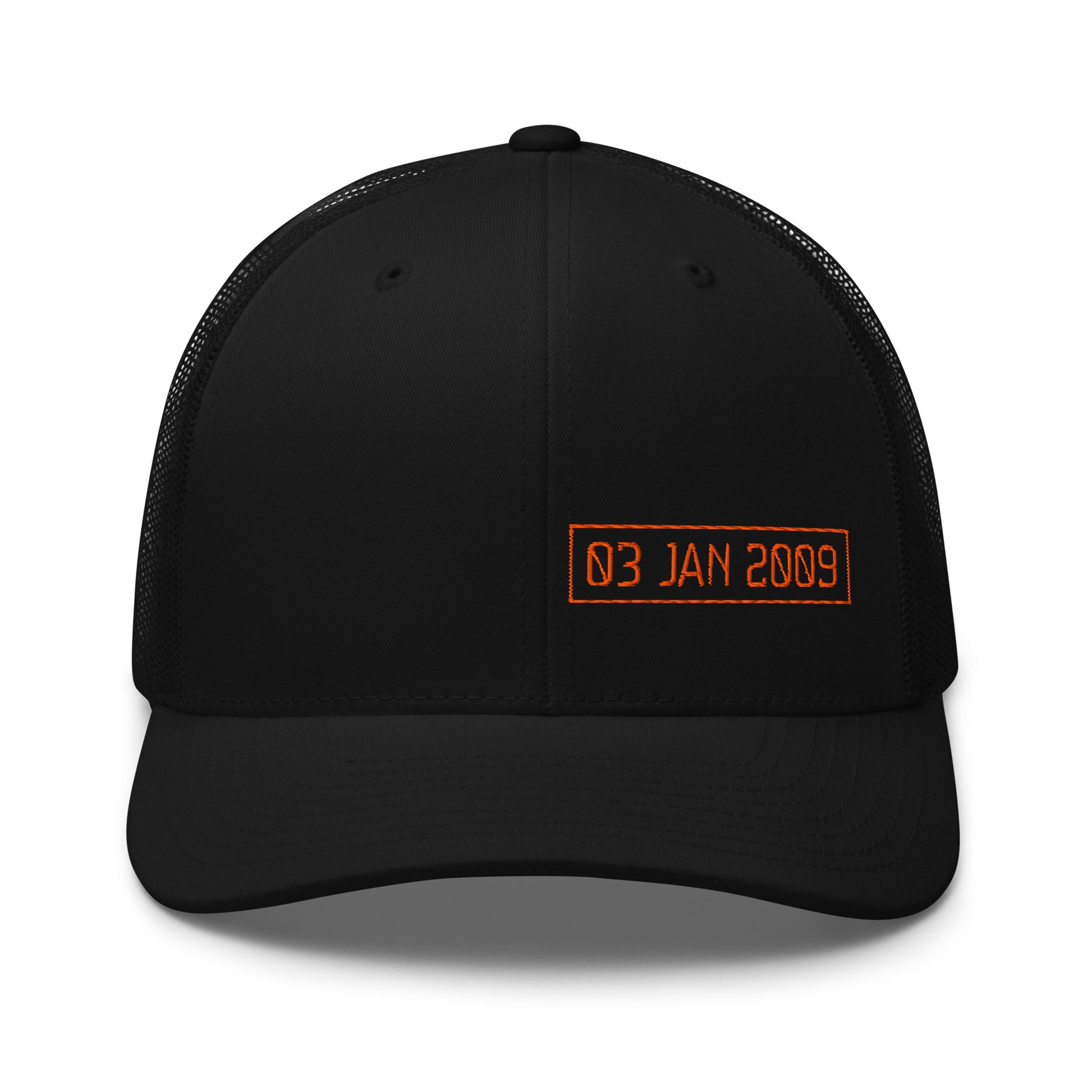 Black cap with orange text '03 JAN 2009' on a white background