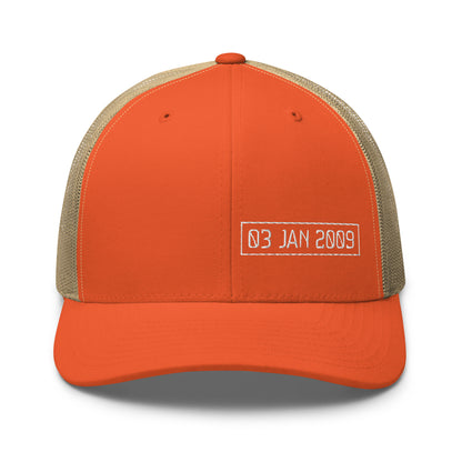Orange and beige cap with '03 JAN 2009' text on a white background