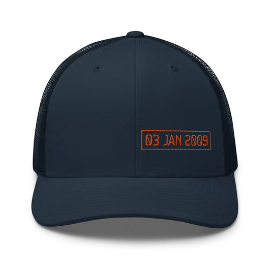 Navy blue cap with orange 03 jan 2009 text on a white background