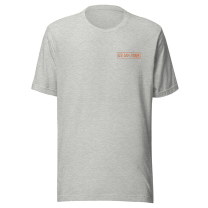 Gray t-shirt with a small orange 03 jan 2009 logo on a white background