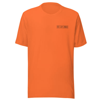 Orange t-shirt with a small black 03 jan 2009 logo on a white background