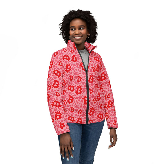 Itty Bitty Bitcoin and Hearts Women’s Puffer Jacket