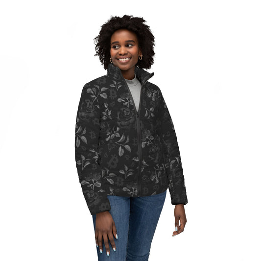 Black Stack Roses Bitcoin Women’s Puffer Jacket