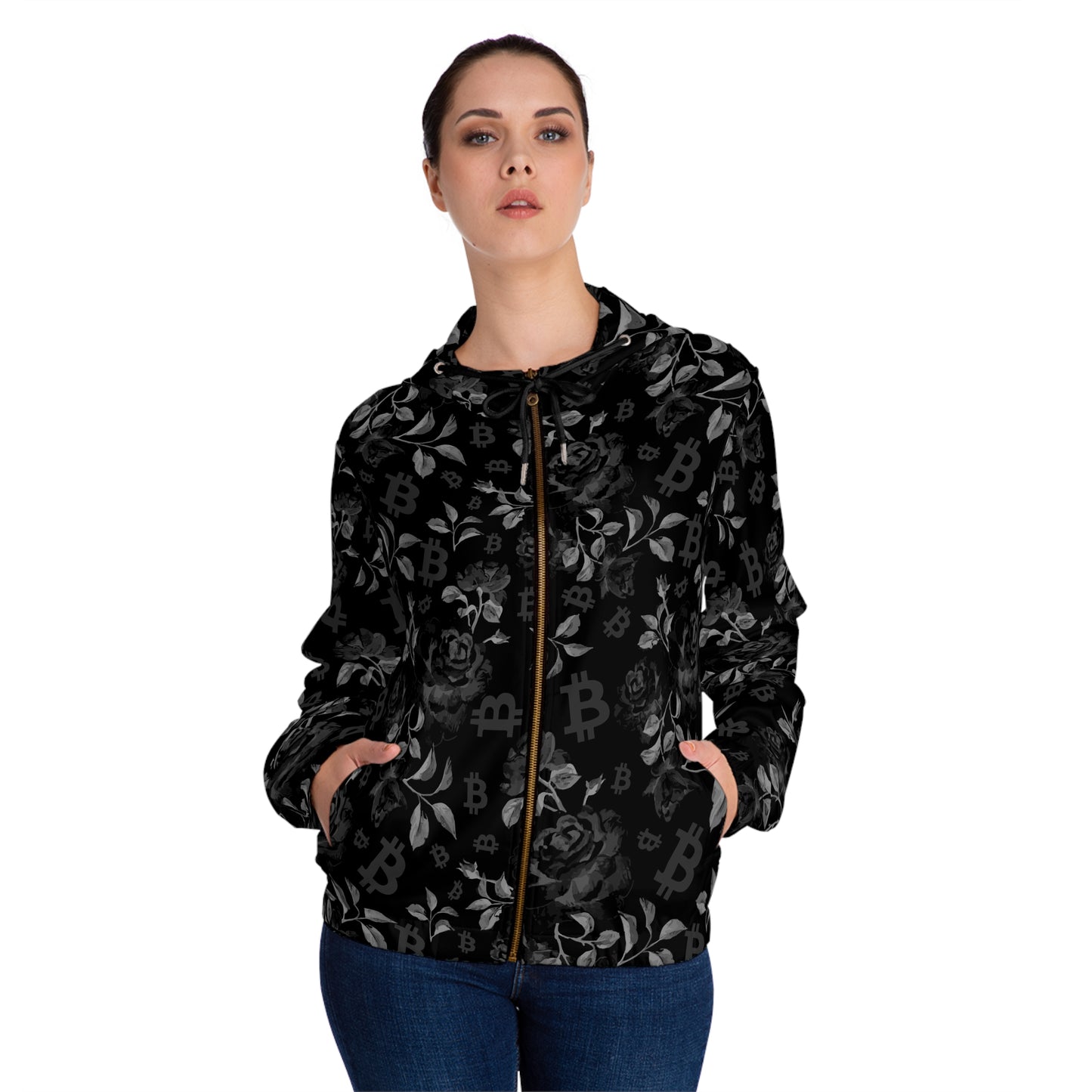 Black Stack Roses Women’s Full-Zip Hoodie