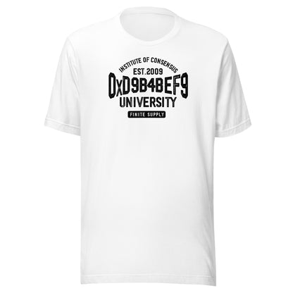 White t-shirt with black institute of consensus text on a white background