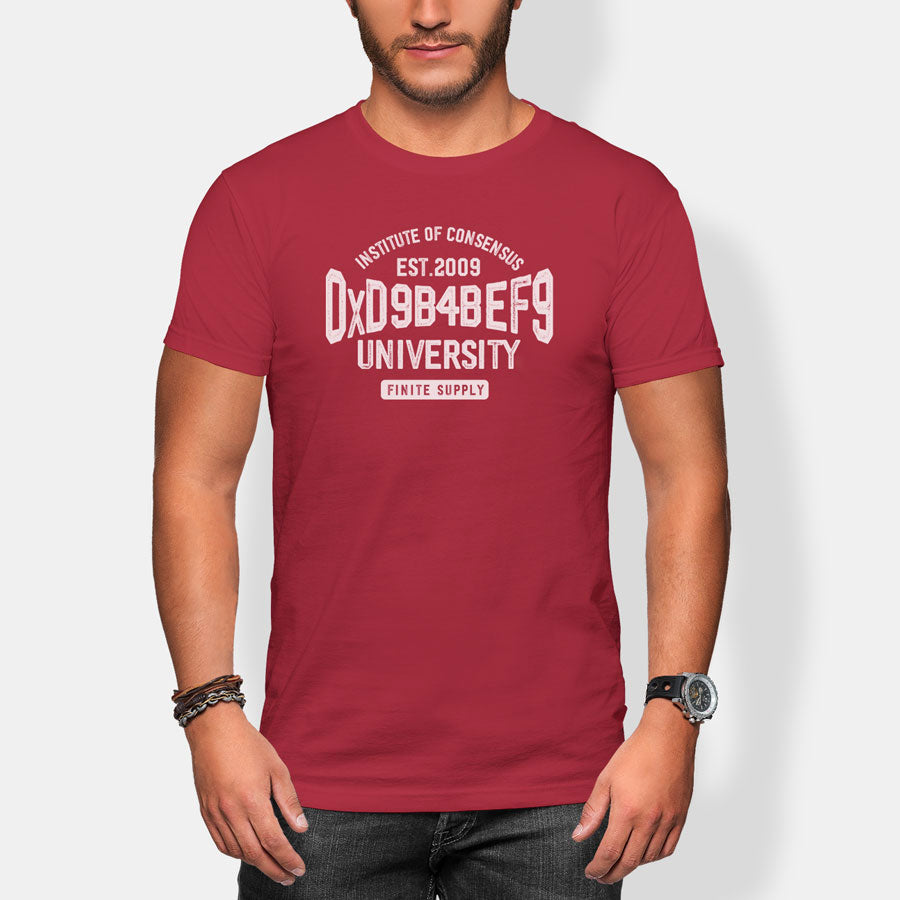 Red t-shirt with white insttittutte of consensus text worn by a person on a white background