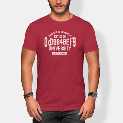 Red t-shirt with white insttittutte of consensus text worn by a person on a white background