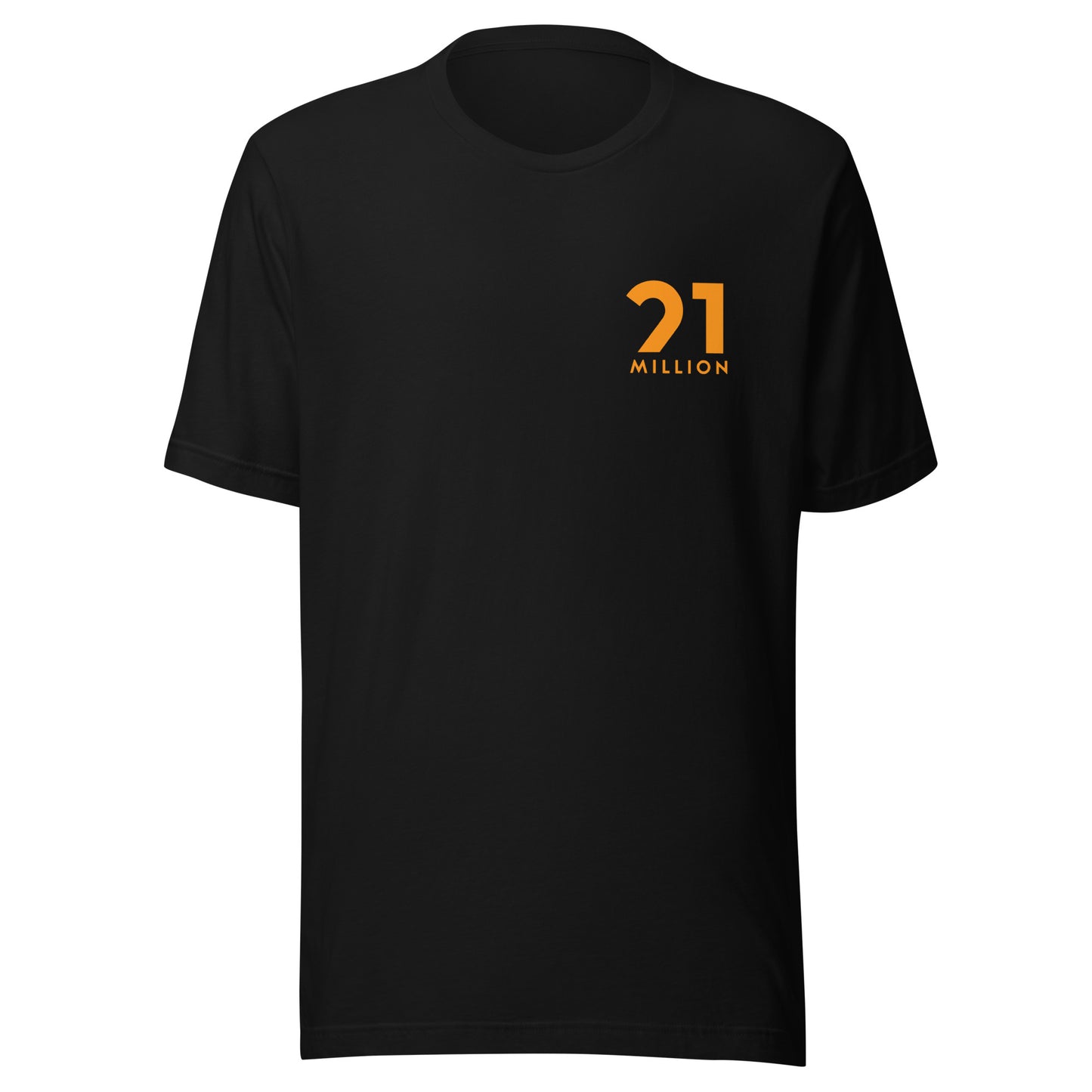 Black t-shirt with '21 Million' logo on a white background