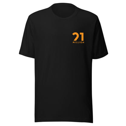 Black t-shirt with '21 Million' logo on a white background