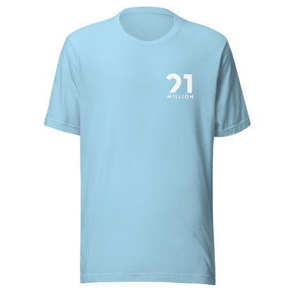 Light blue t-shirt with '21 MILLION' print on a white background
