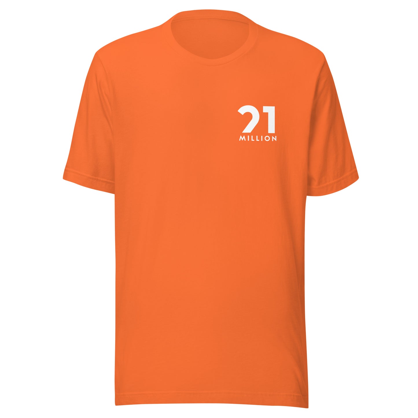 Orange t-shirt with '21 MILLION' logo on a white background