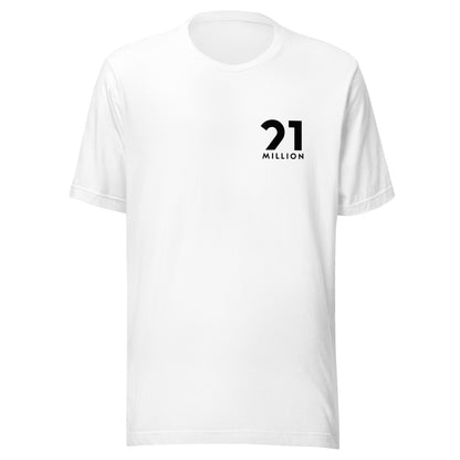 White t-shirt with '21 MILLION' logo on a white background