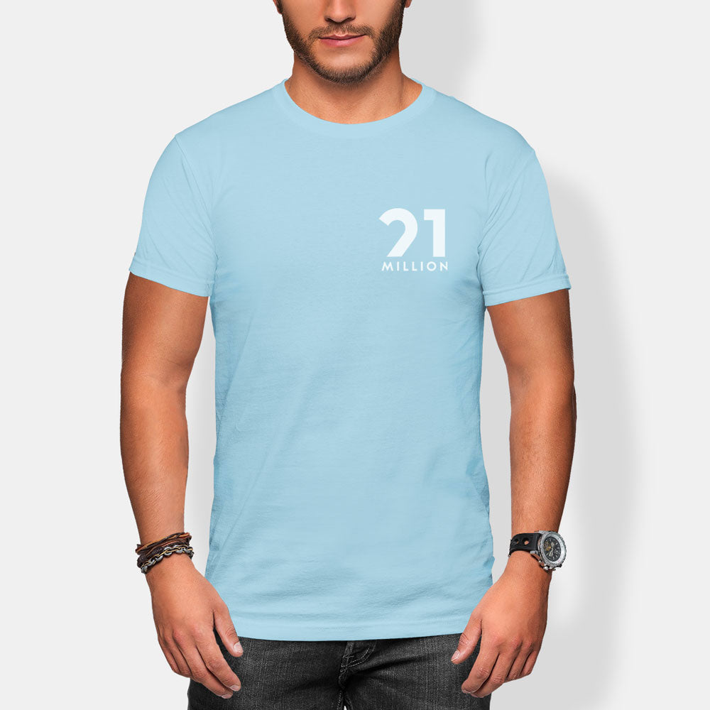 Person wearing a light blue t-shirt with '21 Million' logo on a plain background