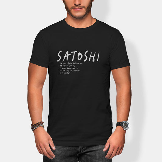 Person wearing a black t-shirt with 'Satoshi' text design on a plain background