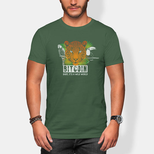 Person wearing a green bitcoin t-shirt with a graphic design and text on a white background