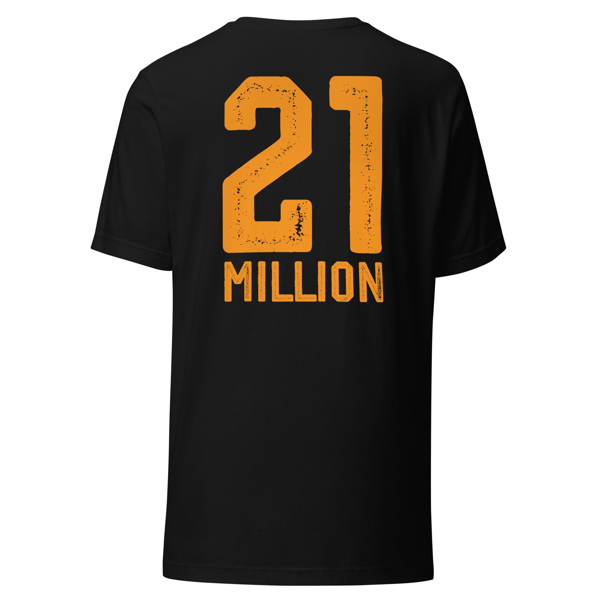 Black t-shirt with '21 Million' printed in orange on a white background