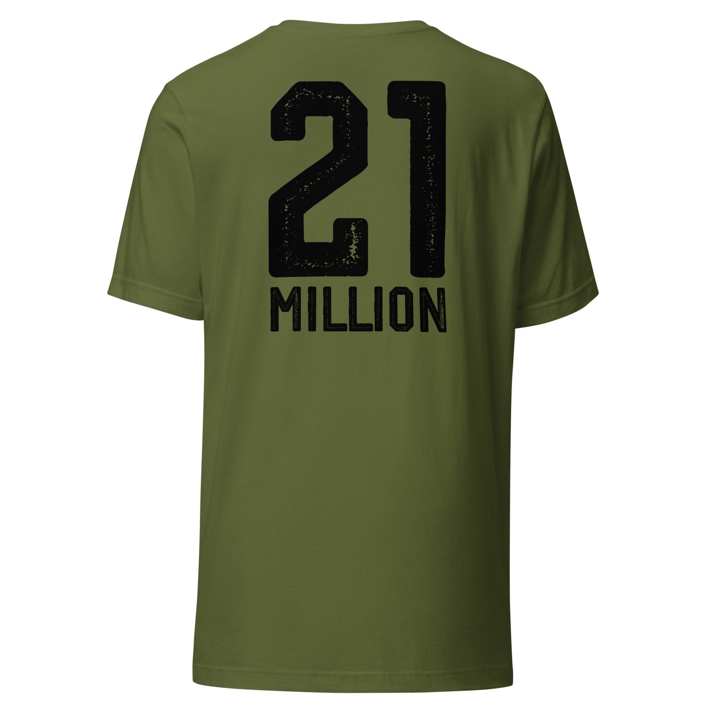 Green t-shirt with '21 MILLION' printed on the back against a white background