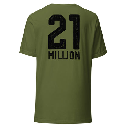 Green t-shirt with '21 MILLION' printed on the back against a white background