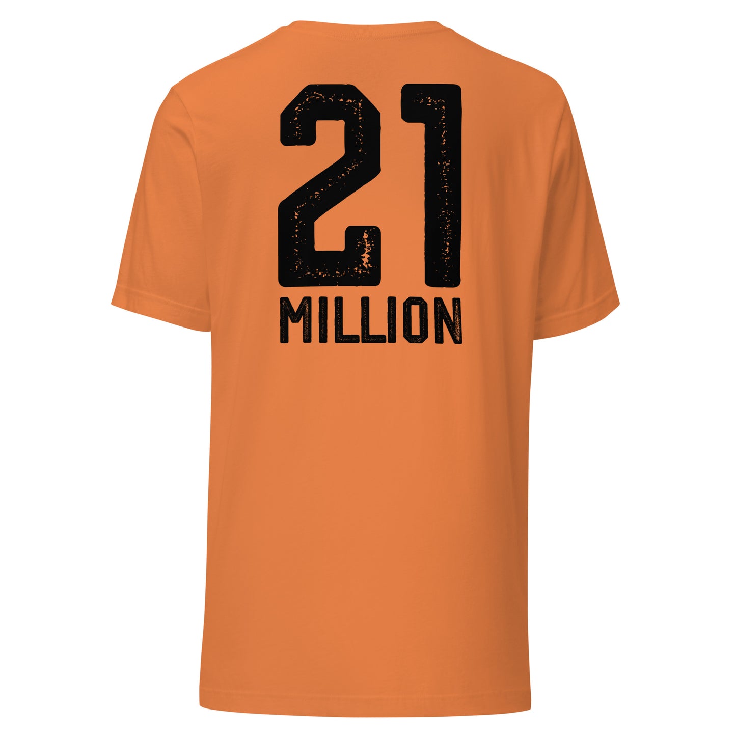 Orange t-shirt with '21 MILLION' printed on the back against a white background