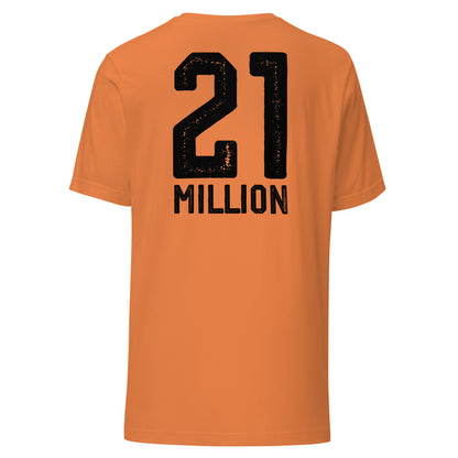Orange t-shirt with '21 MILLION' printed on the back against a white background
