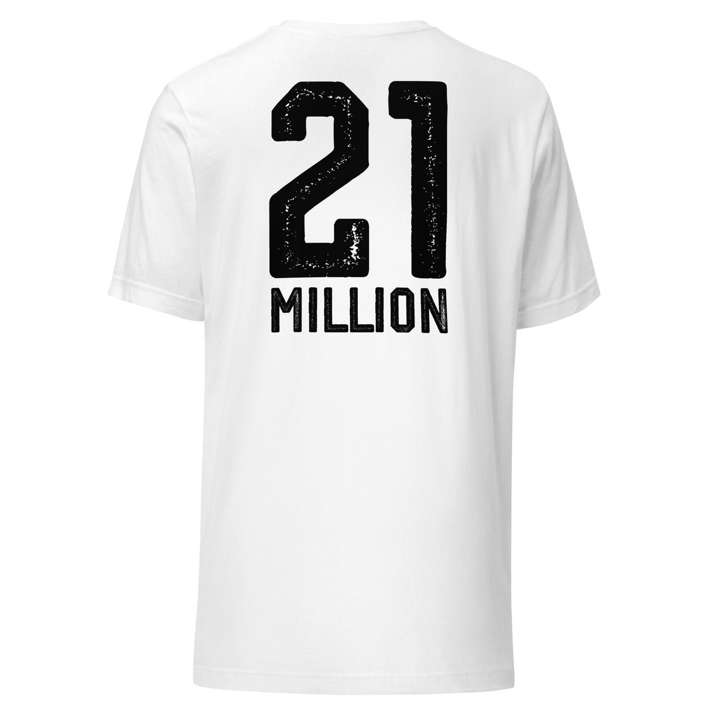 White t-shirt with '21 MILLION' printed on the back against a white background