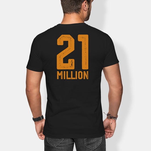 Person wearing a black t-shirt with '21 Million' printed on the back against a white background