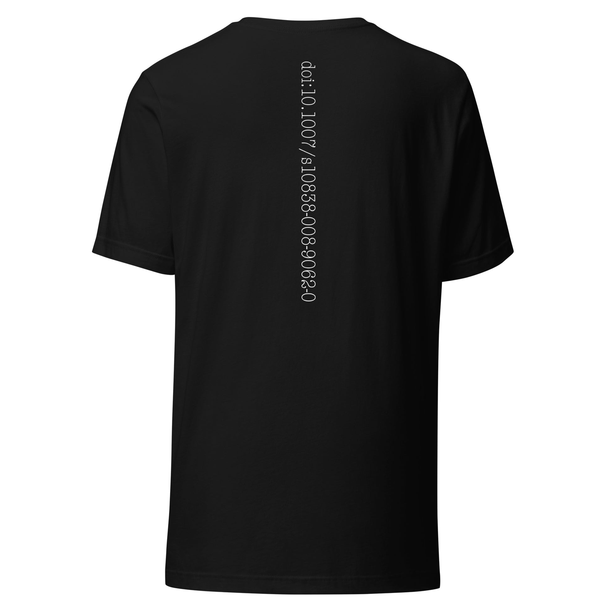 Black t-shirt with whitepaper doi text on the back against a white background