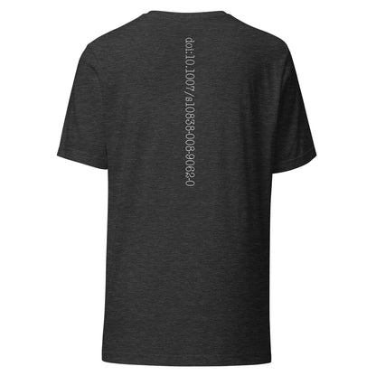 Black t-shirt with whitepaper doi text on the back on a white background