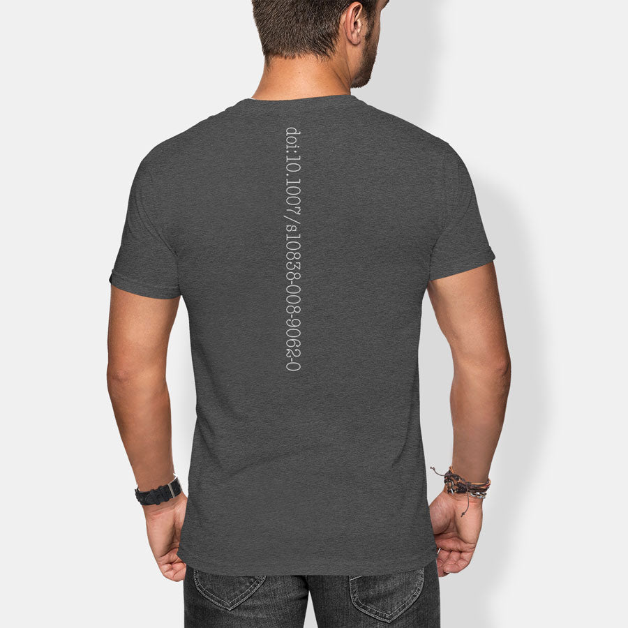 Man wearing a dark gray t-shirt with whitepaper doi text on the back against a white background