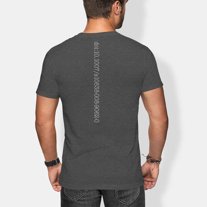 Man wearing a dark gray t-shirt with whitepaper doi text on the back against a white background