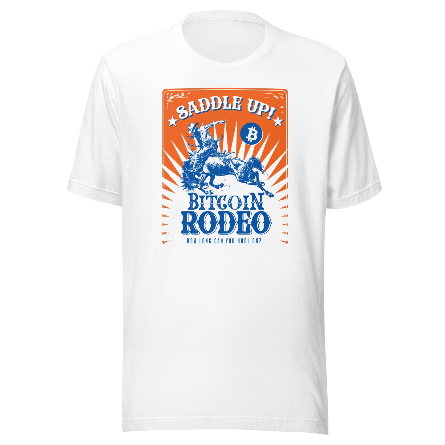 White t-shirt with Bitcoin rodeo graphic on a white background