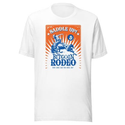 White t-shirt with Bitcoin rodeo graphic on a white background