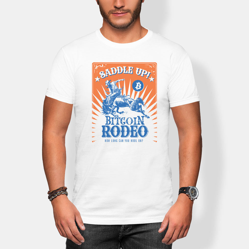 Person wearing a white t-shirt with a Bitcoin rodeo graphic design.