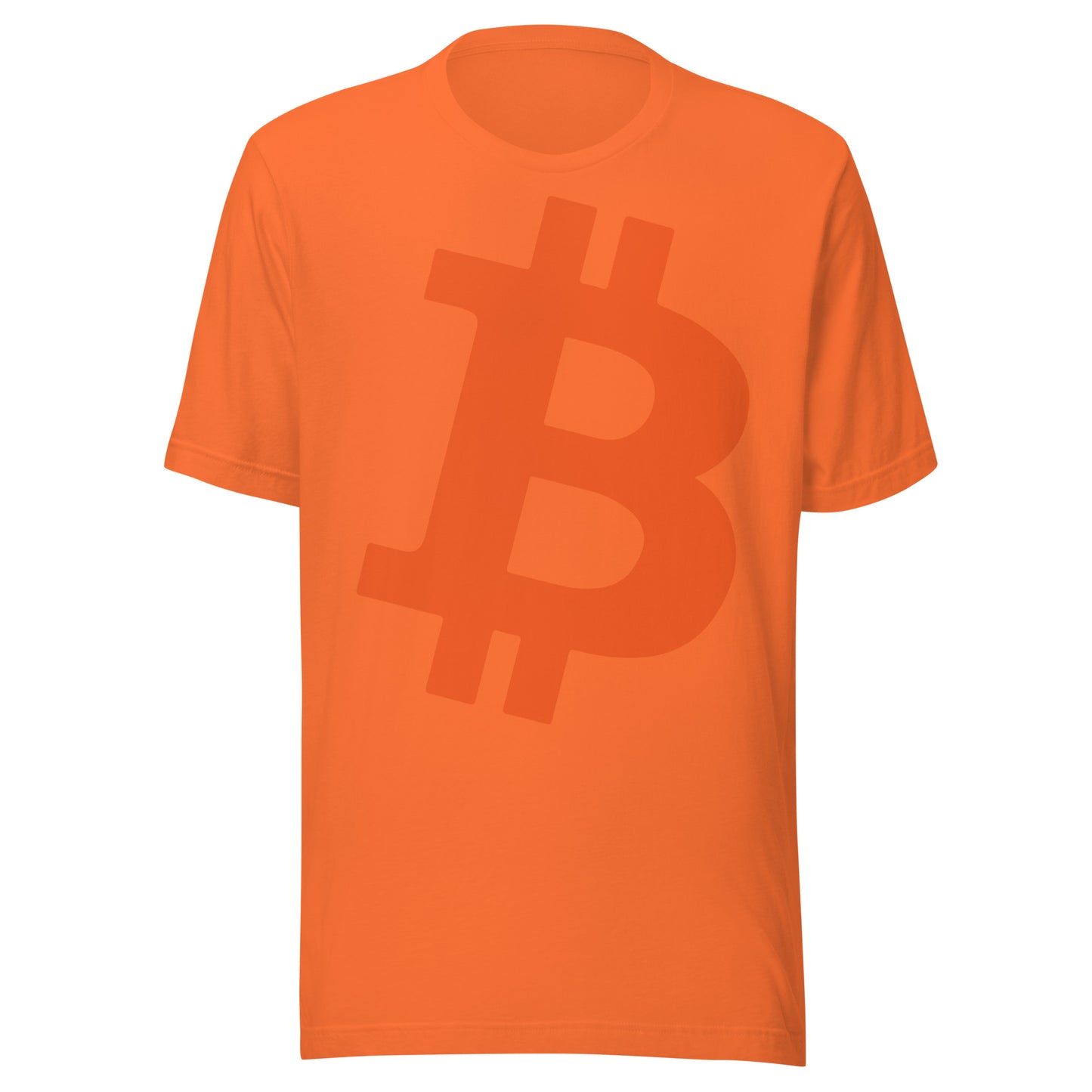 Orange t-shirt with Bitcoin symbol on a white background