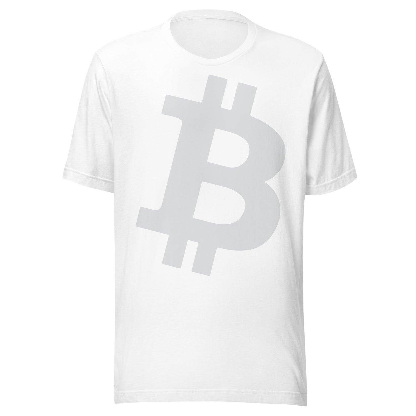 White t-shirt with Bitcoin symbol on a white background