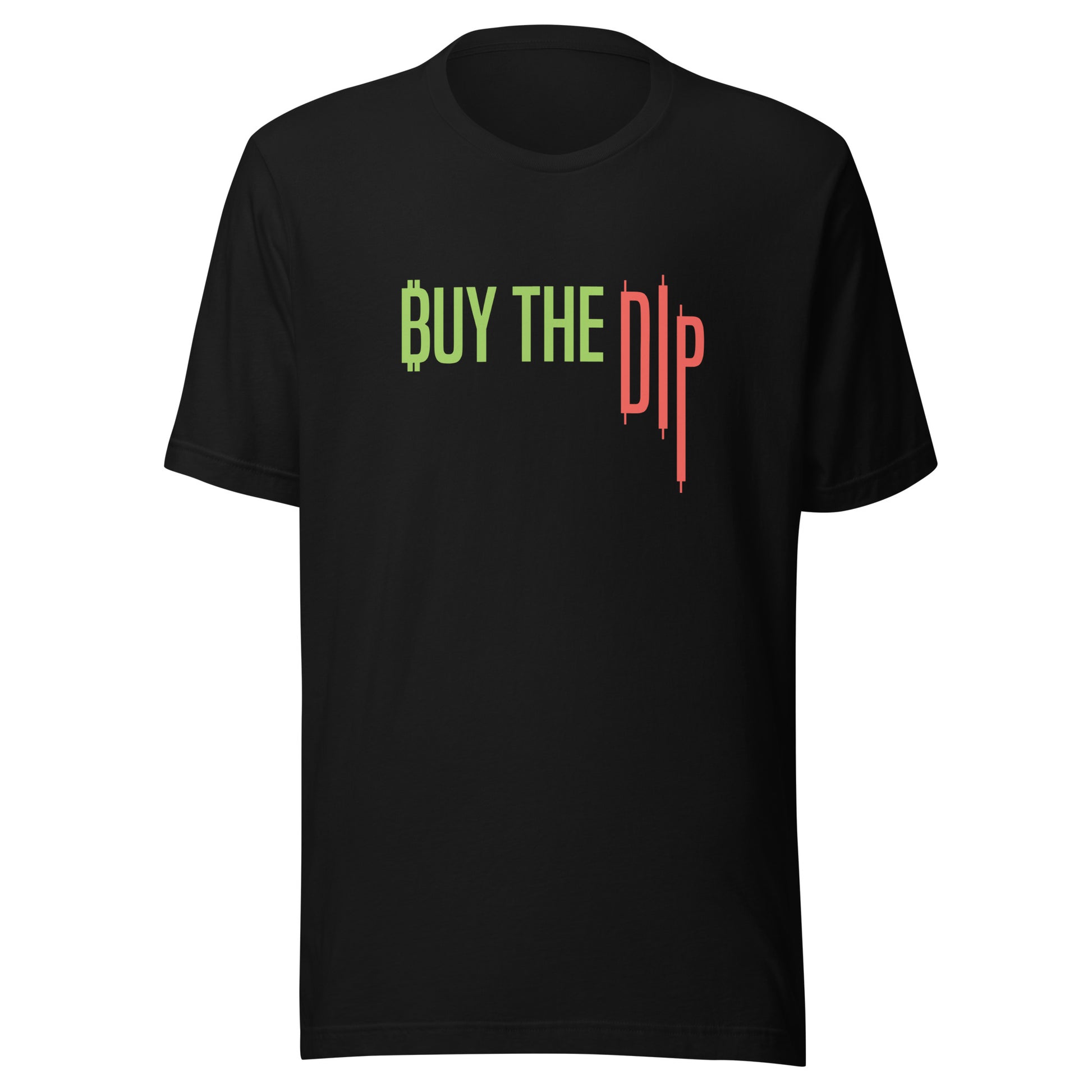 Black t-shirt with 'BUY THE DIP' text in green and red on a white background