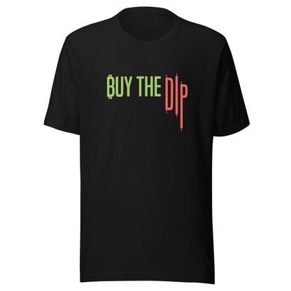 Black t-shirt with 'BUY THE DIP' text in green and red on a white background