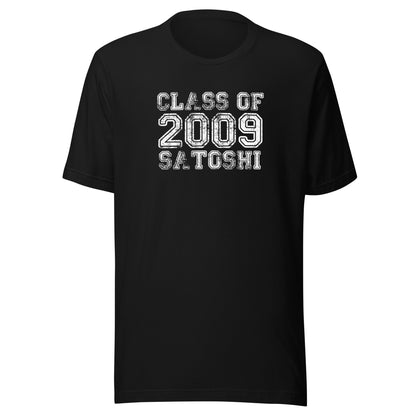 Black t-shirt with 'Class of 2009 Satoshi' text on a white background