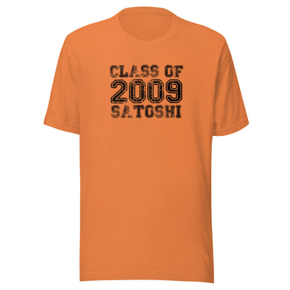 Orange t-shirt with 'Class of 2009 Satoshi' text on a white background