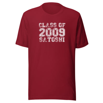 Red t-shirt with 'Class of 2009 Satoshi' text on a white background