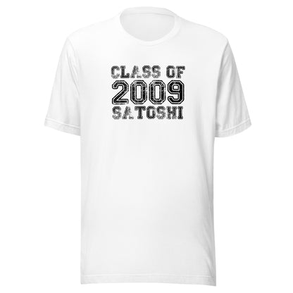 White t-shirt with 'Class of 2009 Satoshi' text on a white background