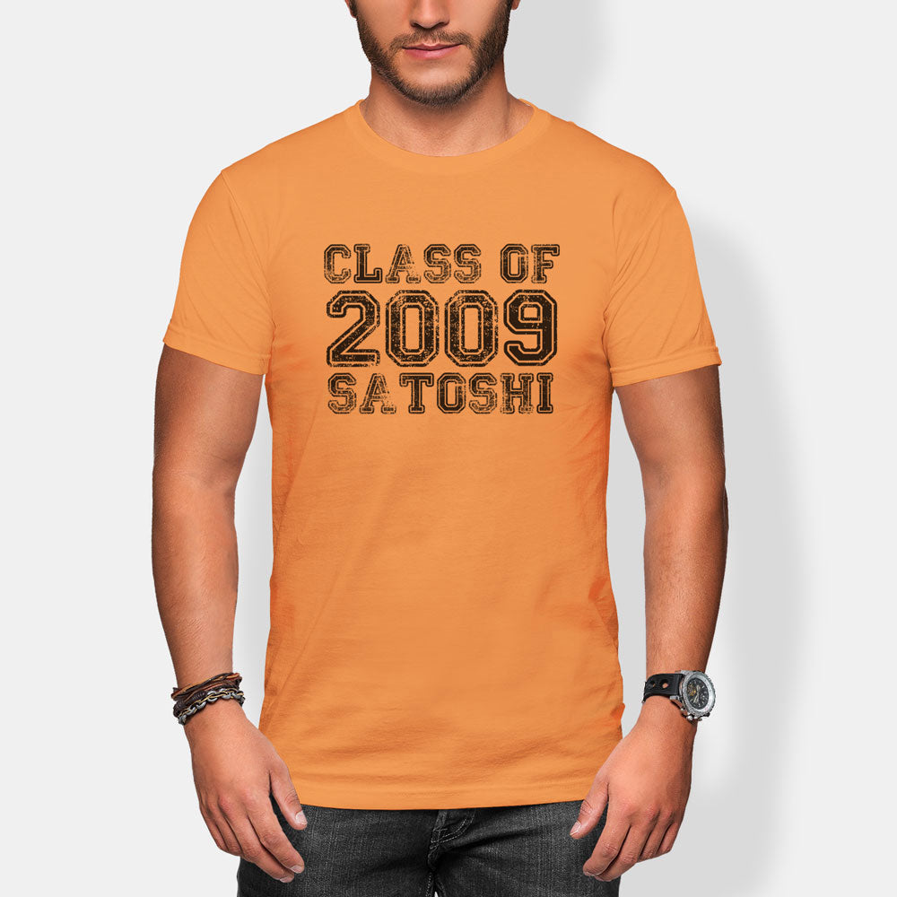 Person wearing an orange t-shirt with 'Class of 2009 Satoshi' text on a white background