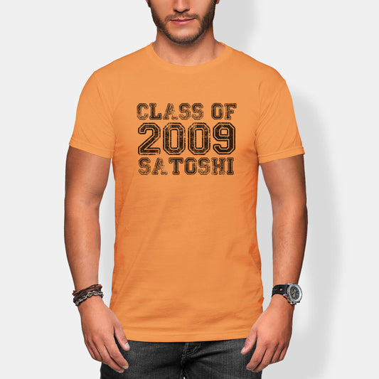 Person wearing an orange t-shirt with 'Class of 2009 Satoshi' text on a white background