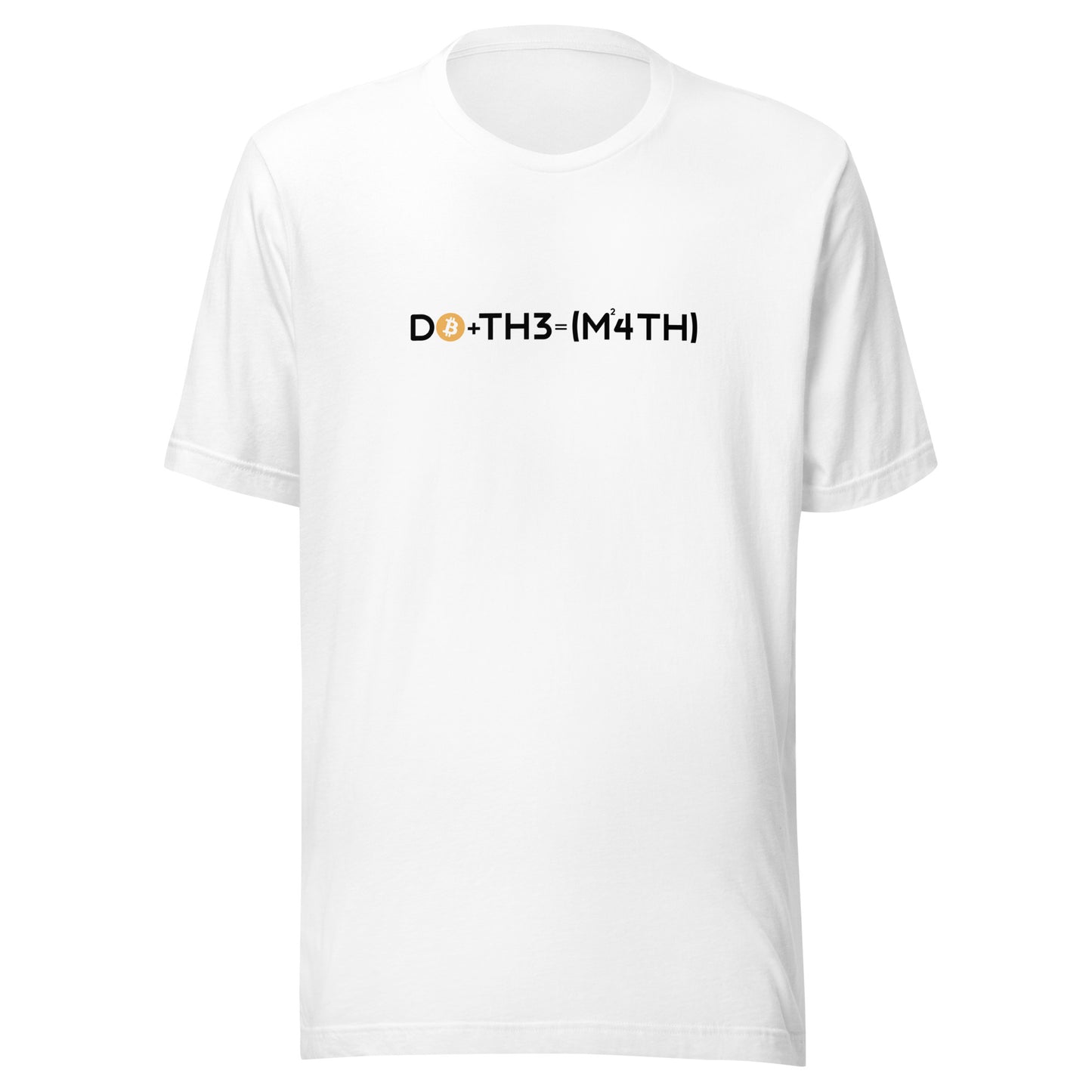 White t-shirt with black do the math bitcoin text on a white background 