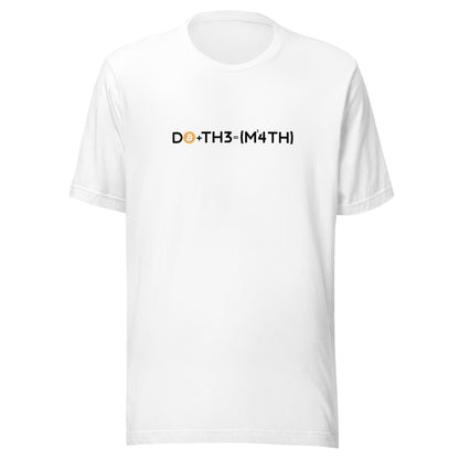 White t-shirt with black do the math bitcoin text on a white background 